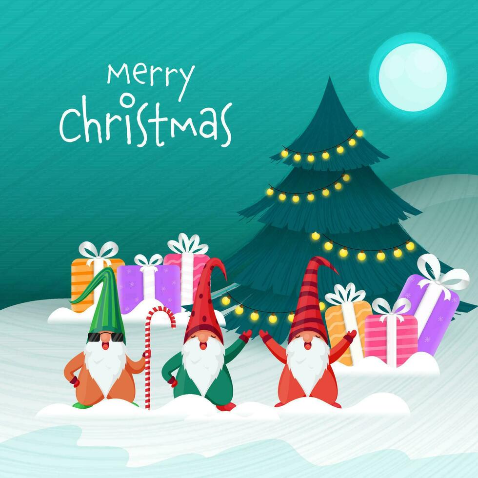 allegro Natale concetto con decorativo natale albero, regalo scatole, gnomo personaggi su pieno Luna neve turchese sfondo. vettore