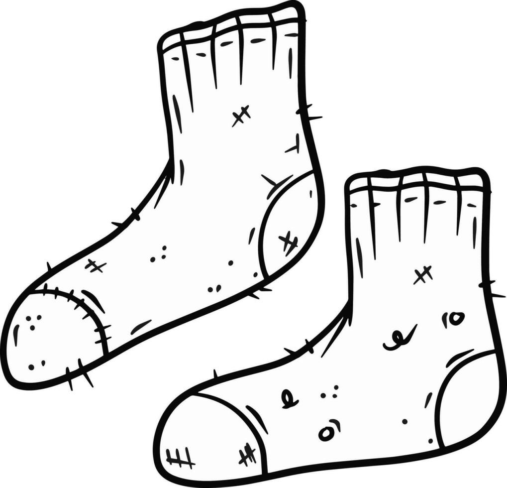 impostato di vecchio calzini. caldo capi di abbigliamento per piedi. nero e bianca mano disegnato cartone animato illustrazione vettore