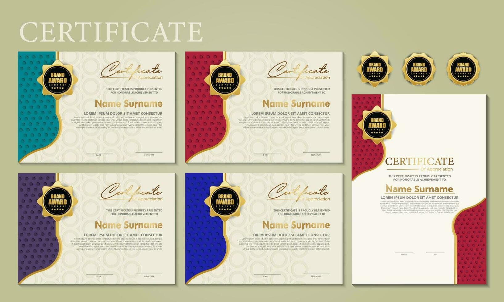 certificato modello di premio, colore oro e sfumatura blu. contiene un certificato moderno con un distintivo d'oro. vettore