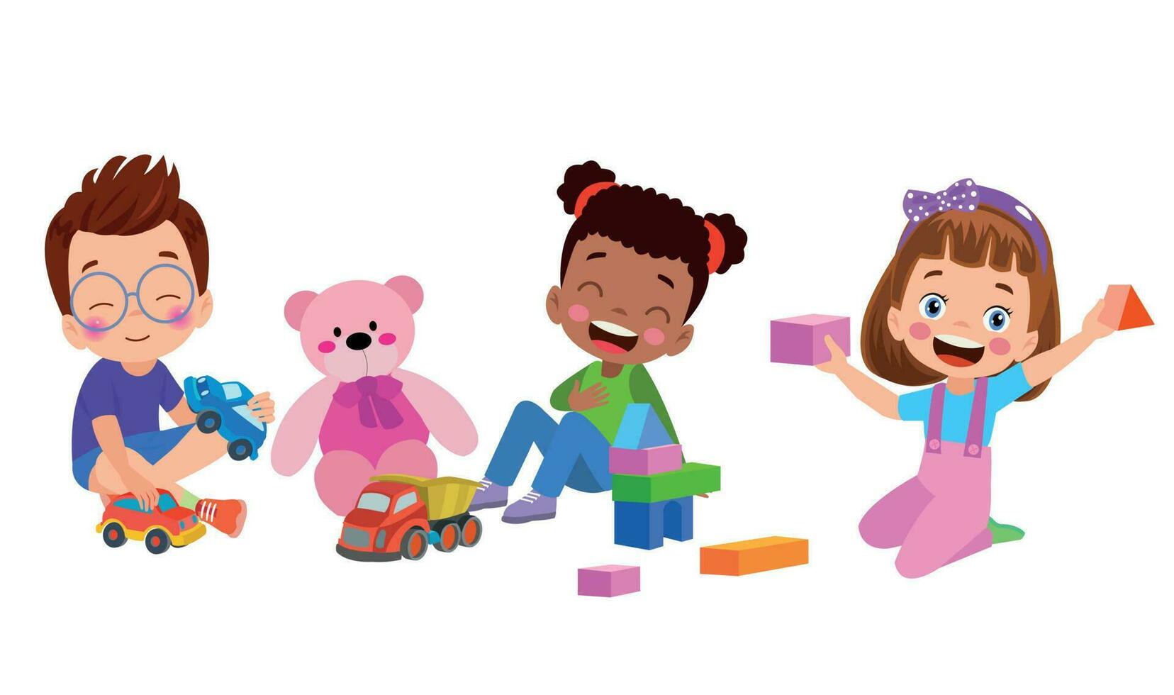 un' gruppo di bambini giocando con giocattoli e un' orsacchiotto orso vettore