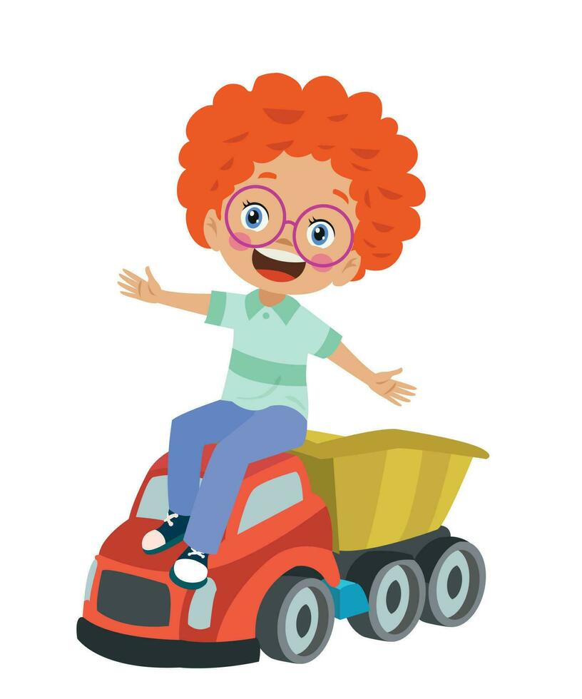 ragazzo con rosso capelli e bicchieri seduta su un' giocattolo camion. vettore
