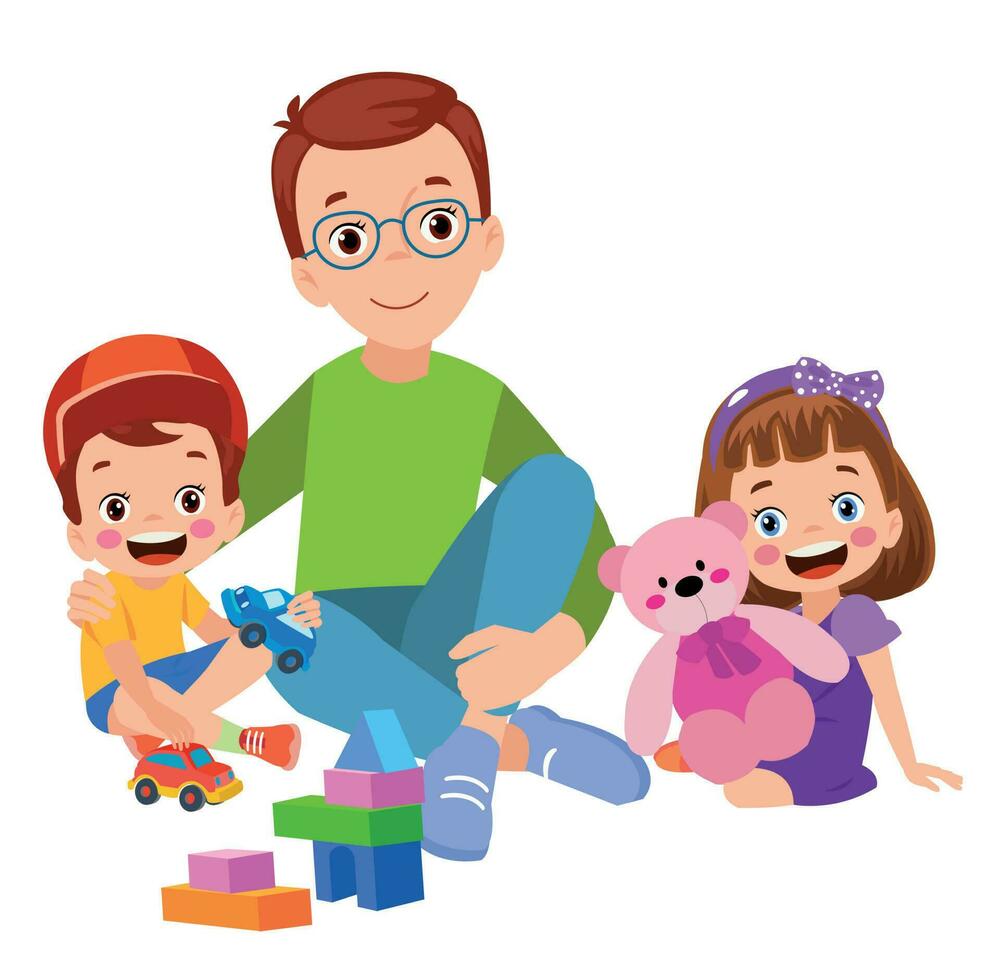 un' famiglia giocando con giocattoli e un' ragazzo e ragazza vettore