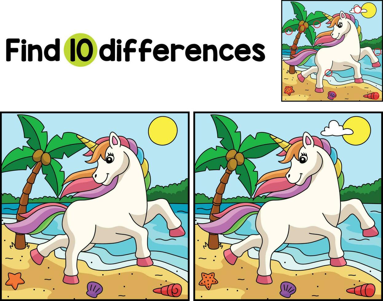 unicorno passeggiando su spiaggia trova il differenze vettore
