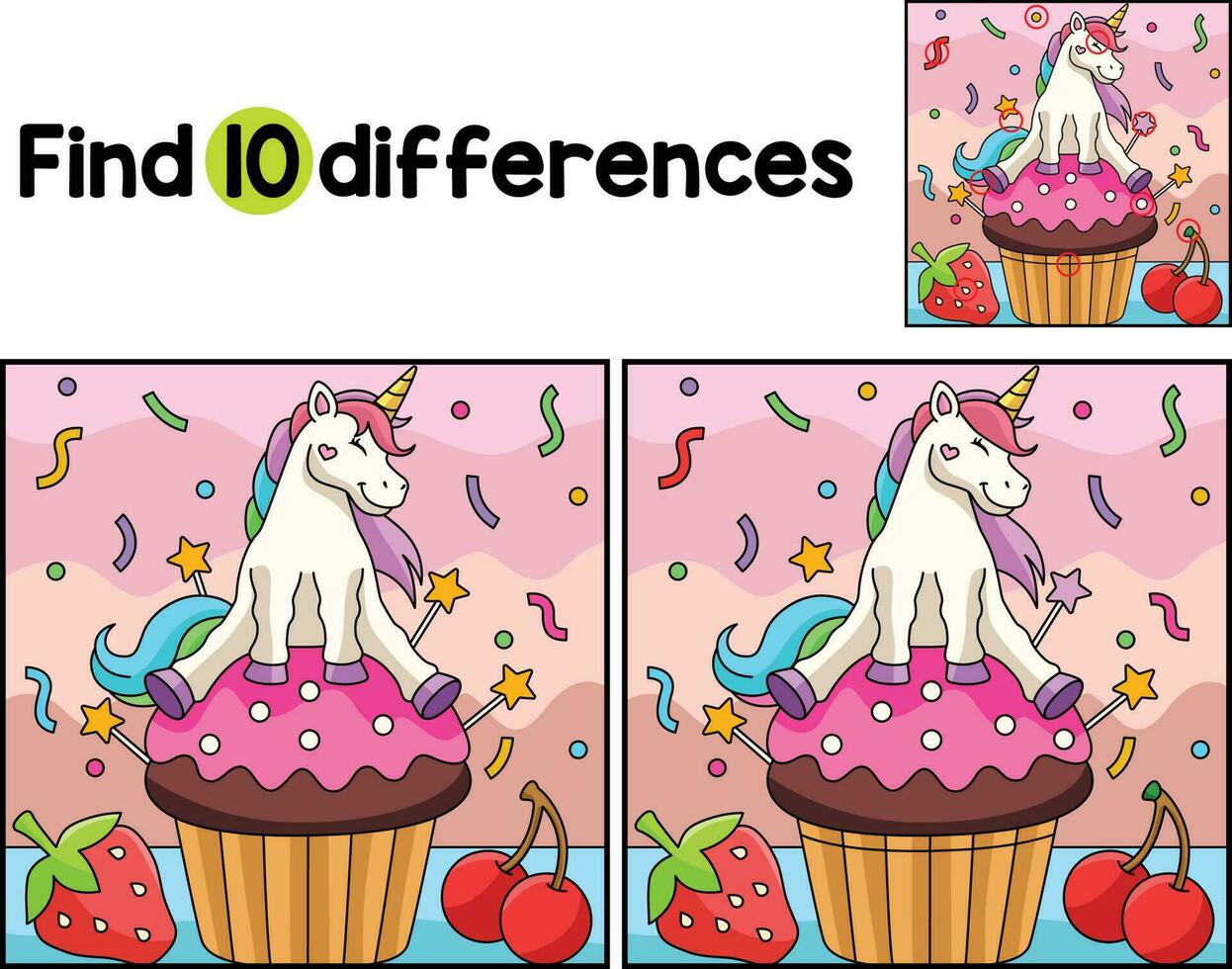 unicorno seduta su un' Cupcake trova il differenze vettore