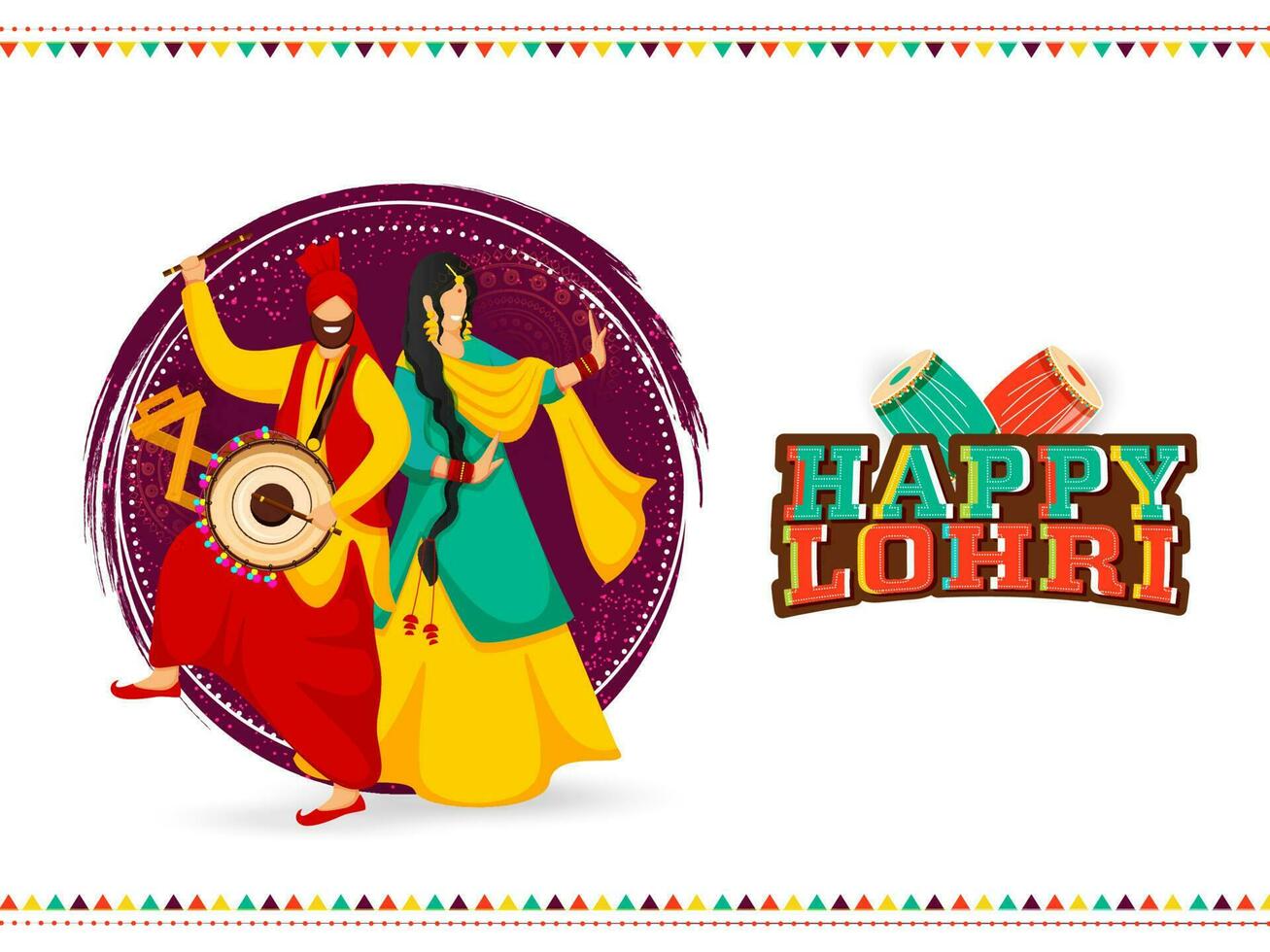 etichetta stile contento lohri font con punjabi uomo giocando dhol, donna danza e viola il giro spazzola effetto su bianca sfondo. vettore