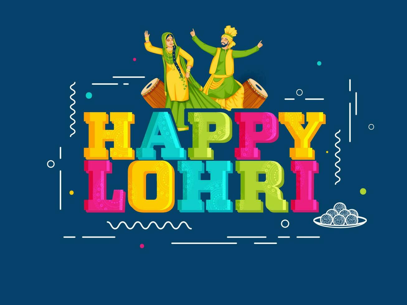 colorato contento lohri font con punjabi coppia fare bhangra e tamburo strumento su blu sfondo. vettore