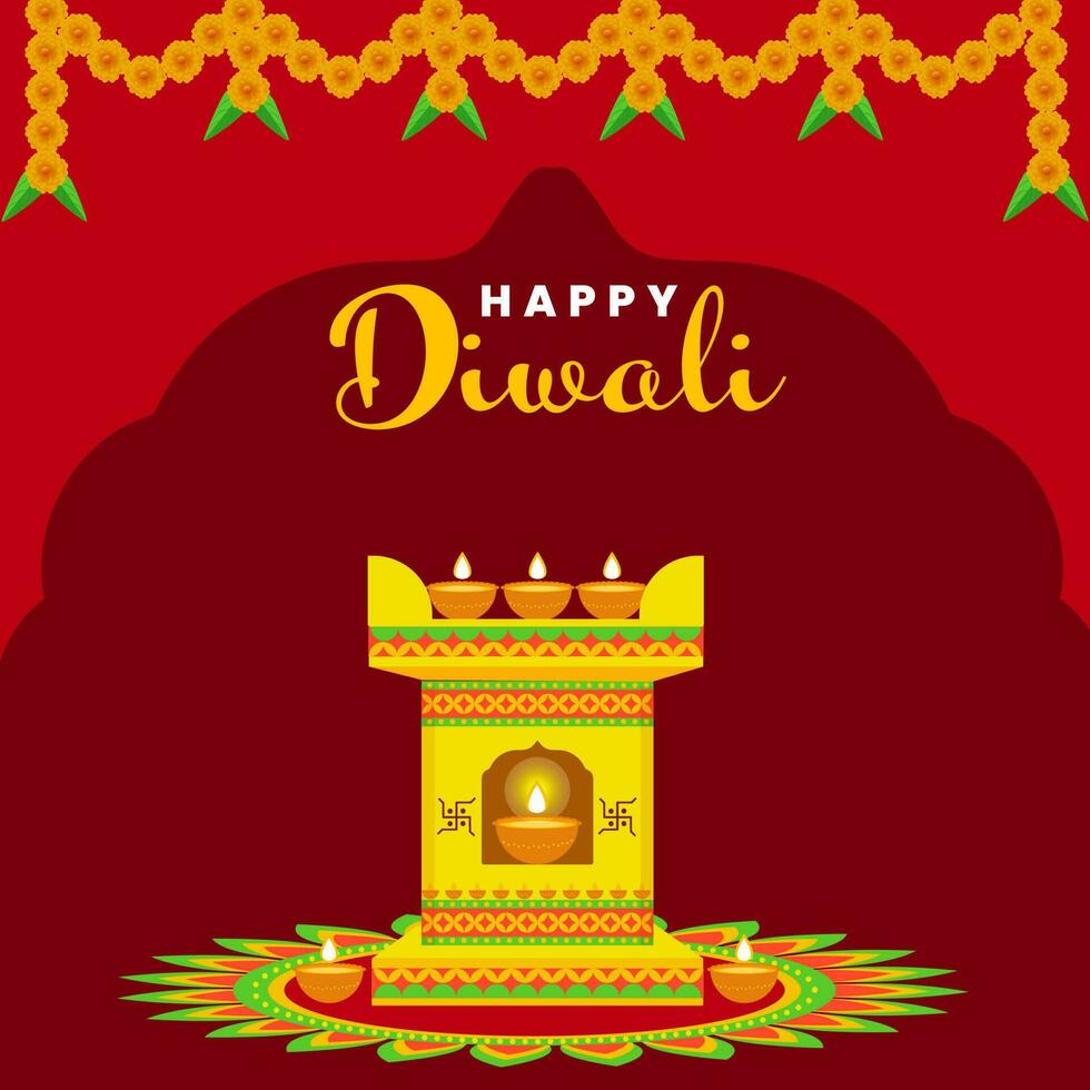 contento Diwali celebrazione concetto con tulsi piantatore o culto arco decorato a partire dal illuminato olio lampade su rangoli rosso sfondo. vettore