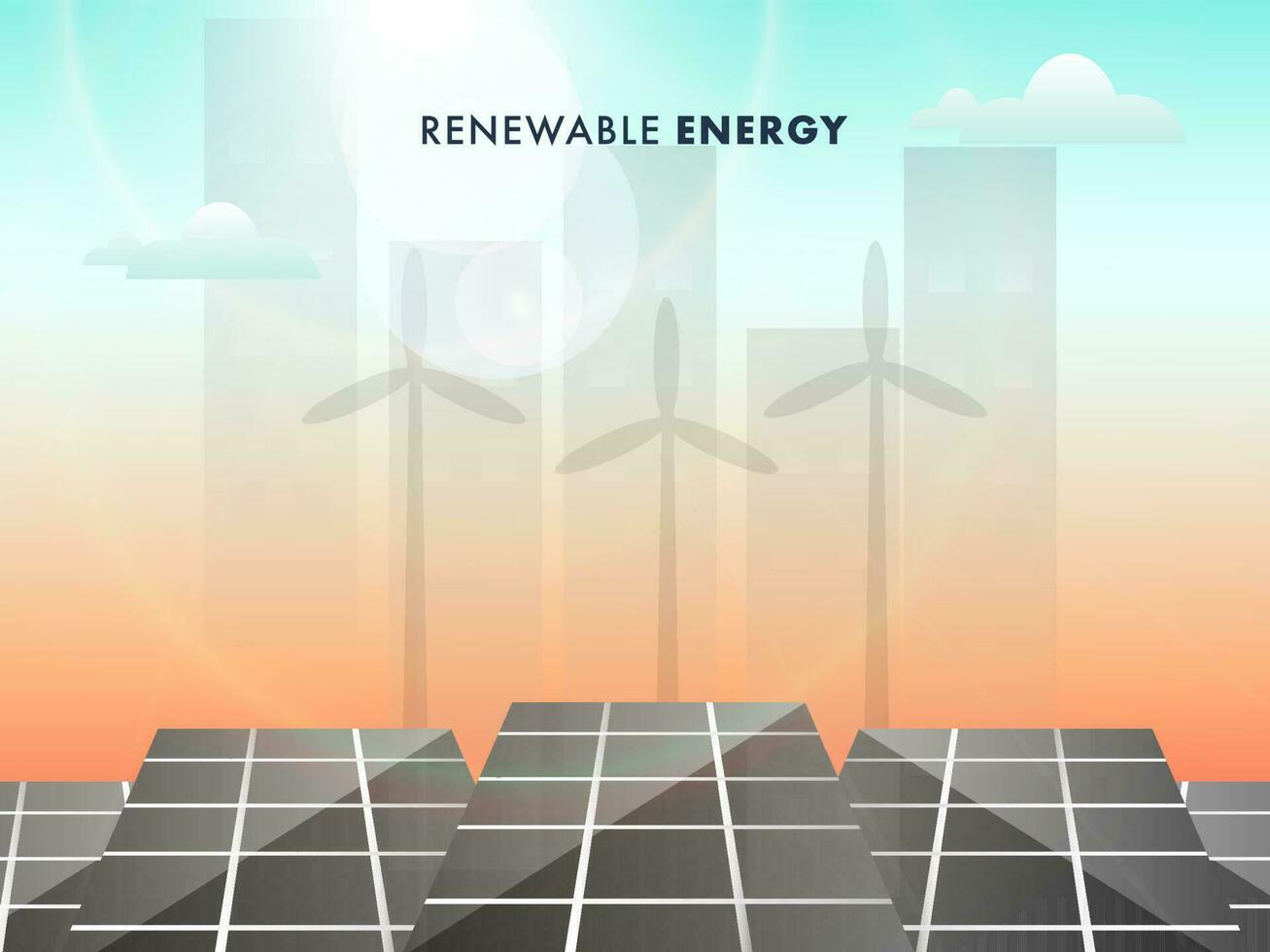 rinnovabile energia concetto con solare pannelli, silhouette mulini a vento e edifici su luce del sole sfondo. vettore
