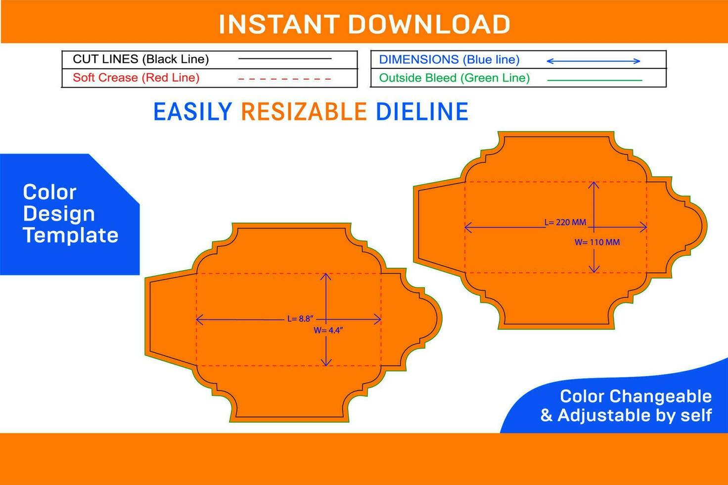 Busta dl dimensione 4,4x8,8 pollice e 220x110 mm Dieline modello colore design modello vettore