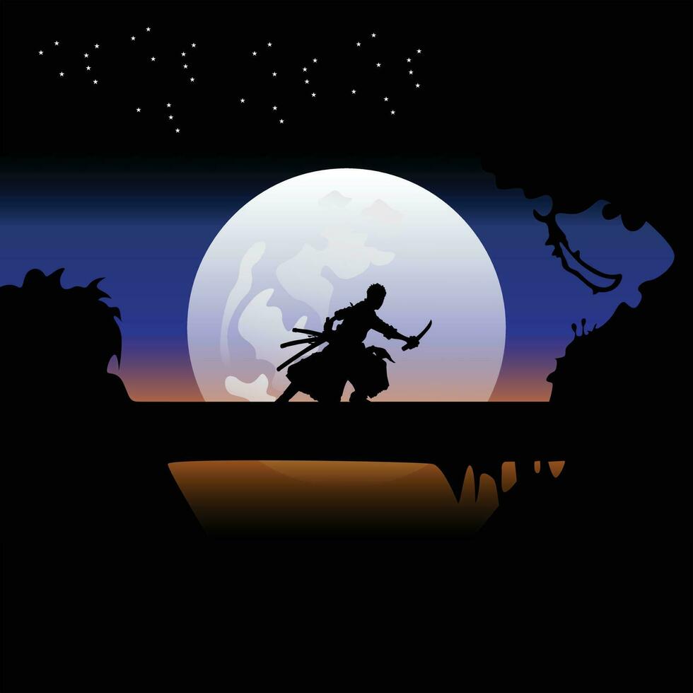 illustrazione vettore grafico di samurai formazione a notte su un' pieno Luna. Perfetto per sfondo, manifesto, eccetera. illustrazione vettore stile, colorato Visualizza sfondo, uno pezzo, roronoa zoro