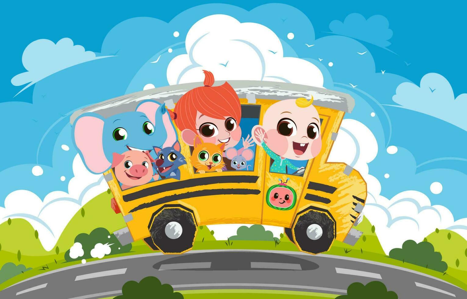 gruppo di bambini equitazione un' scuola autobus vettore