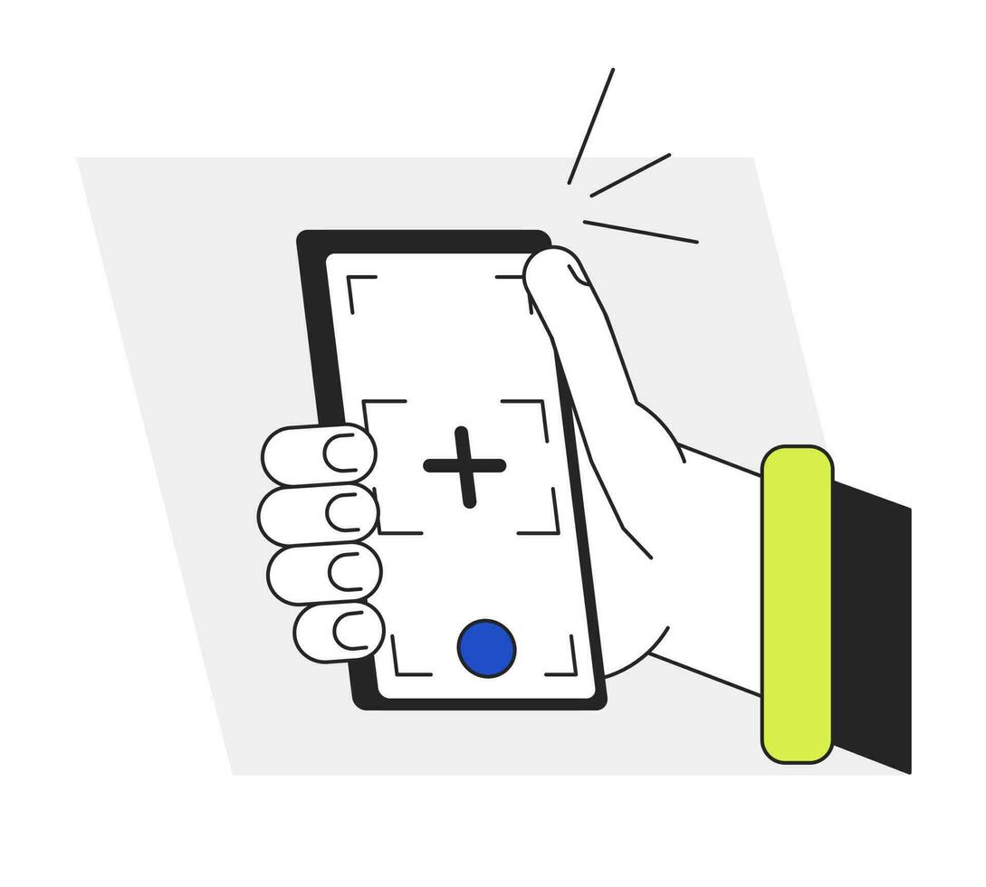 assunzione autoscatto con inteligente Telefono telecamera piatto linea vettore individuare illustrazione. auto messa a fuoco su Schermo 2d cartone animato schema primo Visualizza mano su bianca per ragnatela ui design. modificabile isolato colorato eroe Immagine