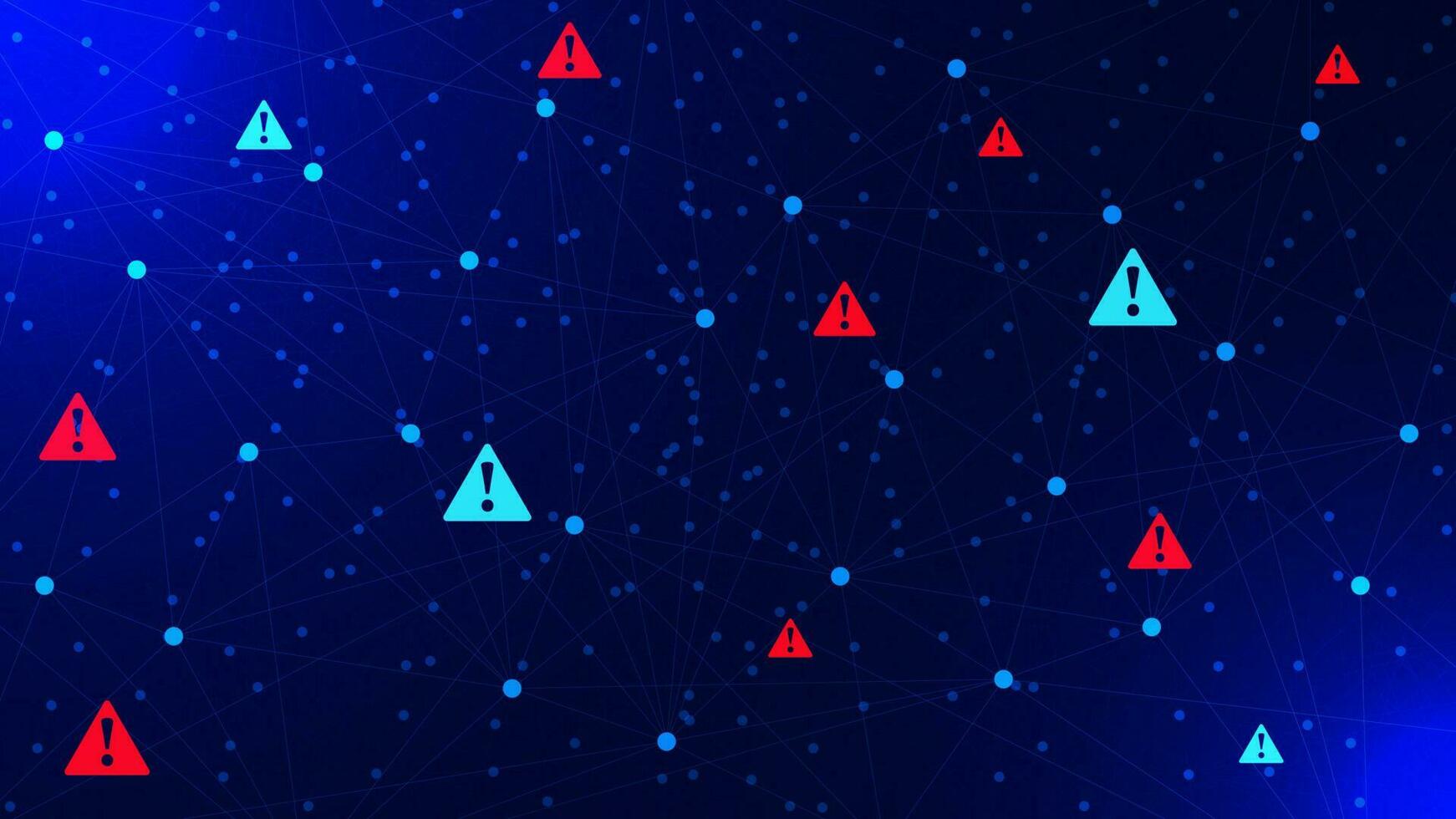 Attenzione avvertimento con esclamazione marchio. puntini e Linee connessione. pirateria e sicurezza protezione concetto sfondo. vettore illustrazione.