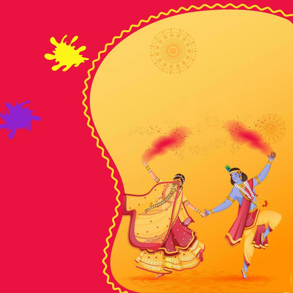 signore krishna e Radha l'esecuzione danza con godere colori su rosa e giallo sfondo. vettore