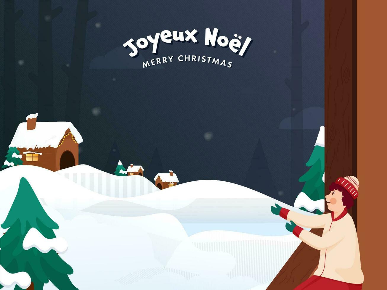 allegro Natale font nel francese linguaggio con giovane ragazzo carattere, natale albero, camino Casa e blu neve sfondo. vettore