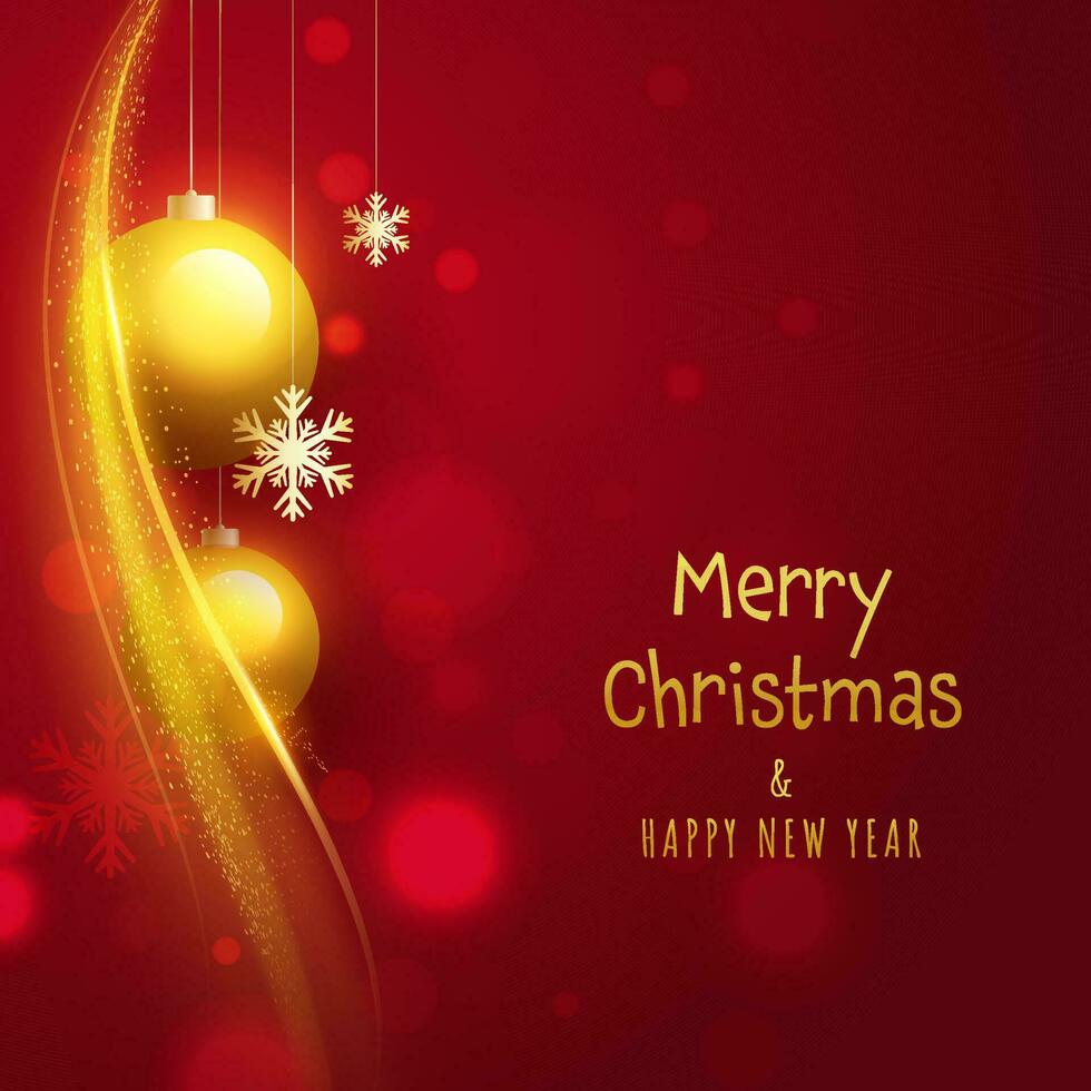 allegro Natale e contento nuovo anno concetto con 3d d'oro palline appendere, i fiocchi di neve e particelle onda su rosso sfondo. vettore