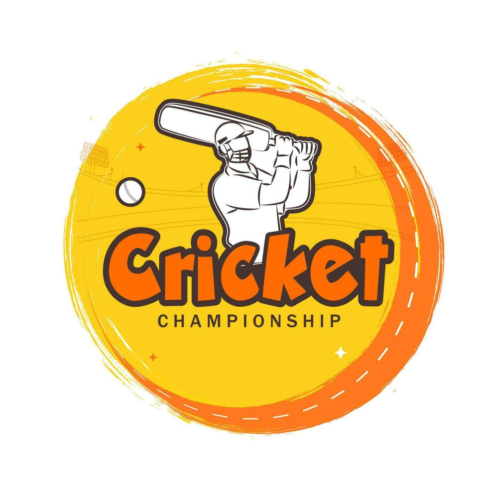 cricket campionato testo con etichetta stile battitore giocatore e arancia spazzola ictus effetto su bianca sfondo. vettore