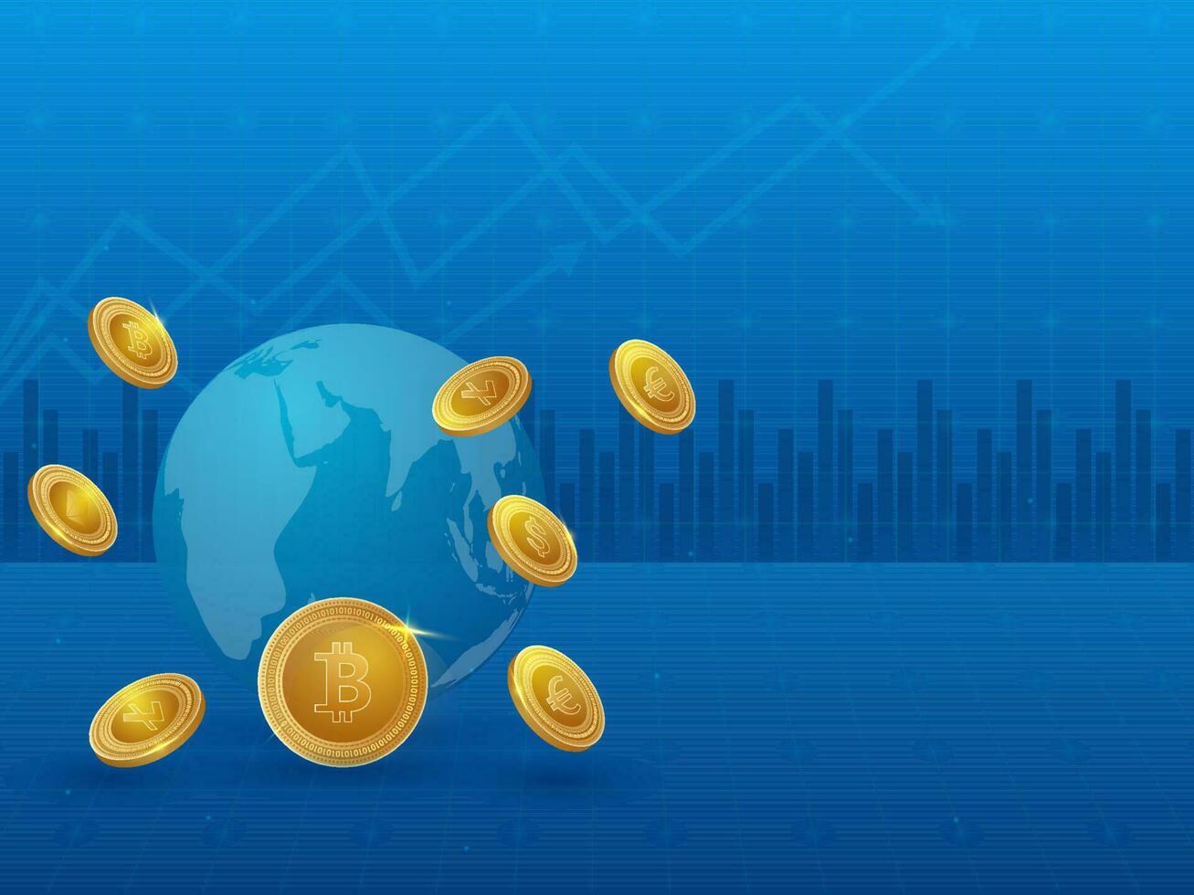 3d illustrazione di terra globo con d'oro monete su blu statistica sfondo per criptovaluta concetto. vettore