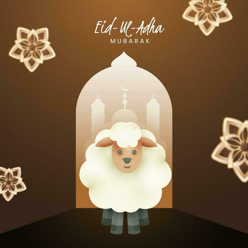 Eid-ul-Adha mubarak manifesto design con cartone animato pecora e floreale decorato su Marrone silhouette moschea sfondo. vettore