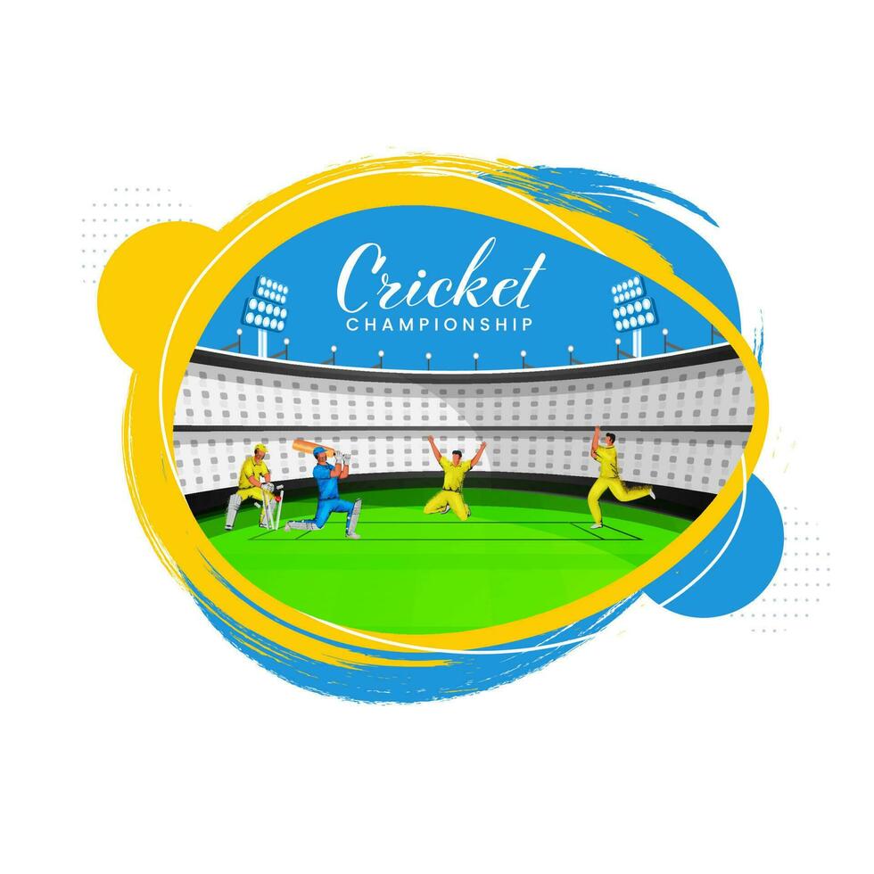 cricket campionato concetto con giocatore di cricket Giocatori nel azione posa e giallo e blu spazzola stadio Visualizza su bianca sfondo. vettore