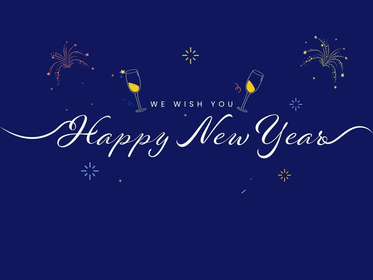 contento nuovo anno auguri con bicchieri di vino e fuochi d'artificio su blu sfondo. vettore