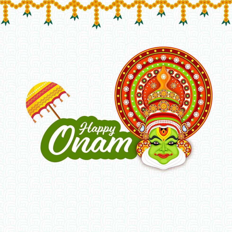 etichetta stile contento onam font con kathakali ballerino viso, tradizionale ombrello e floreale ghirlanda su bianca senza soluzione di continuità bilancia modello sfondo. vettore