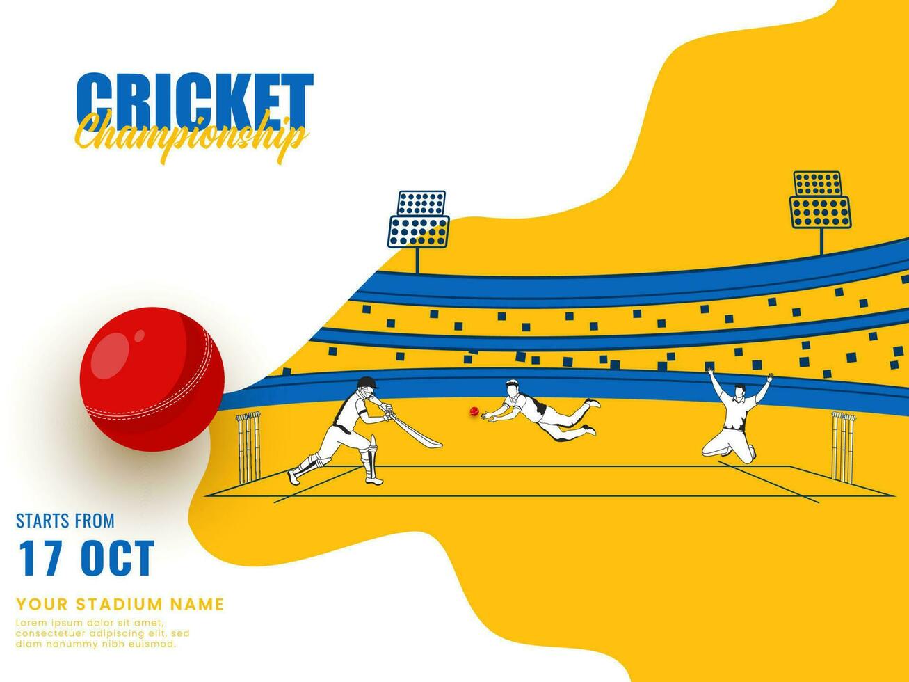 cricket campionato concetto con cartone animato battitore, giocatore di bowling giocatore nel giocando posa su giallo e bianca stadio sfondo. vettore