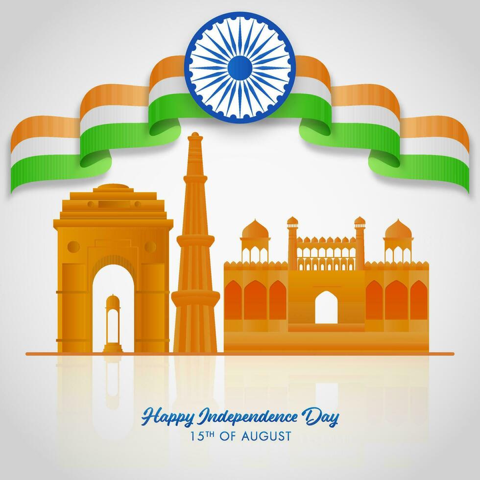 contento indipendenza giorno concetto con India famoso monumenti, Ashoka ruota e ondulato tricolore nastro su bianca sfondo. vettore