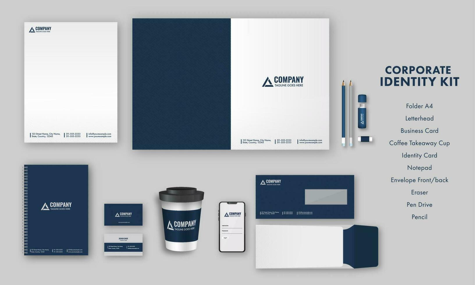 aziendale identità kit Compreso cartella a4, carta intestata, Busta, bloc notes, visitare carta, monouso tazza e smartphone eccetera. vettore