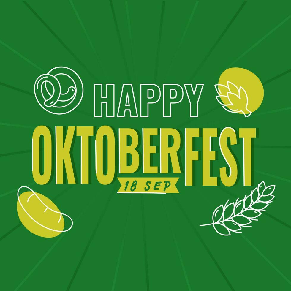 contento oktoberfest Festival concetto con linea arte luppolo, pretzel, salsiccia e Grano orecchio su verde raggi sfondo. vettore