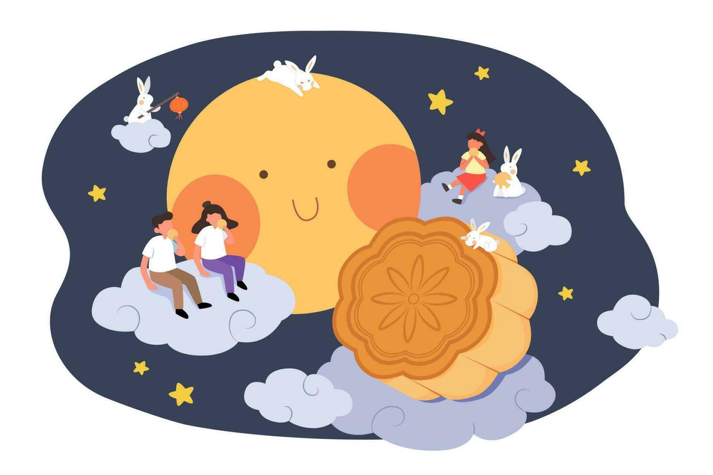 medio autunno Festival design. piatto illustrazione di persone su nuvole Guardando pieno Luna e mangiare mooncakes come vacanza celebrazioni vettore