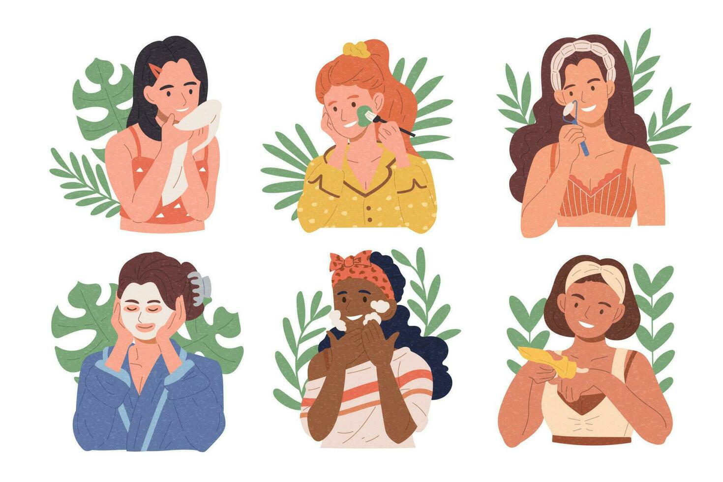 piatto illustrazioni di Multi etnico donne fare quotidiano facciale cura della pelle routine. vettore