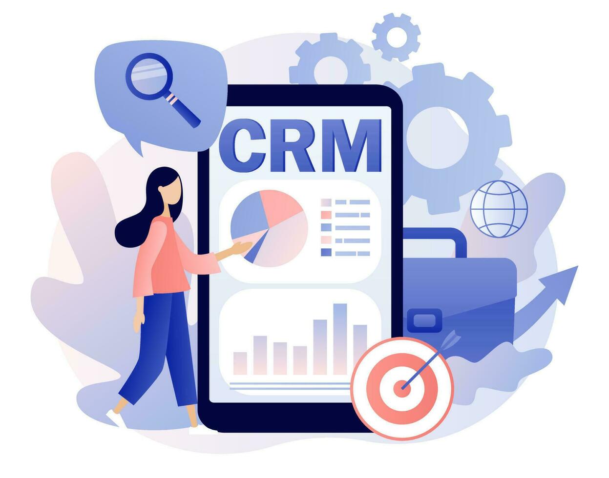 crm soluzione nel smartphone app. cliente relazione gestione concetto. attività commerciale strategia. minuscolo uomo d'affari eseguire dati analisi. moderno piatto cartone animato stile. vettore illustrazione su bianca sfondo