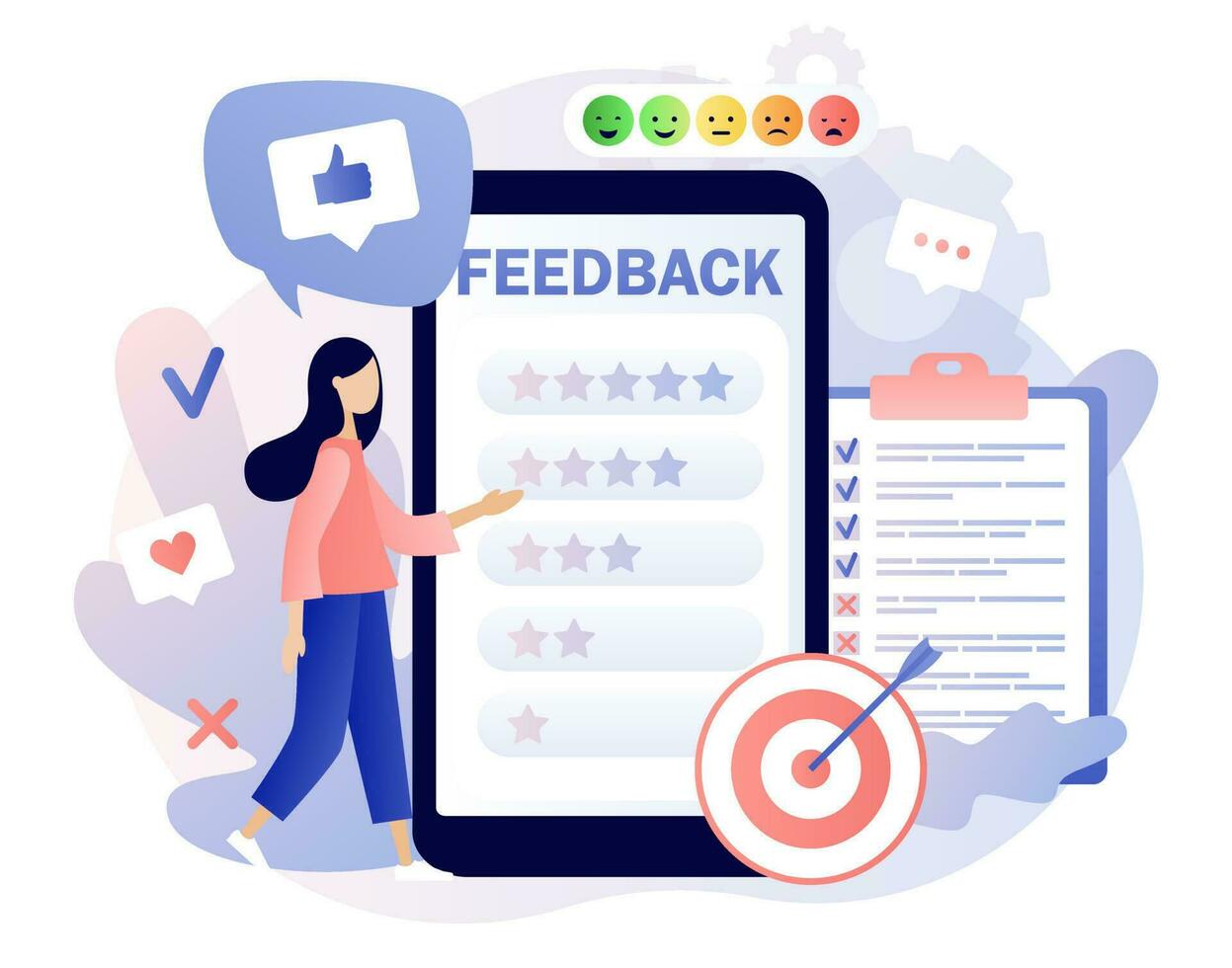 risposta concetto. cliente indagine, revisione e opinione. minuscolo donna partire feedback, mettere valutazione in linea nel smartphone app. moderno piatto cartone animato stile. vettore illustrazione su bianca sfondo