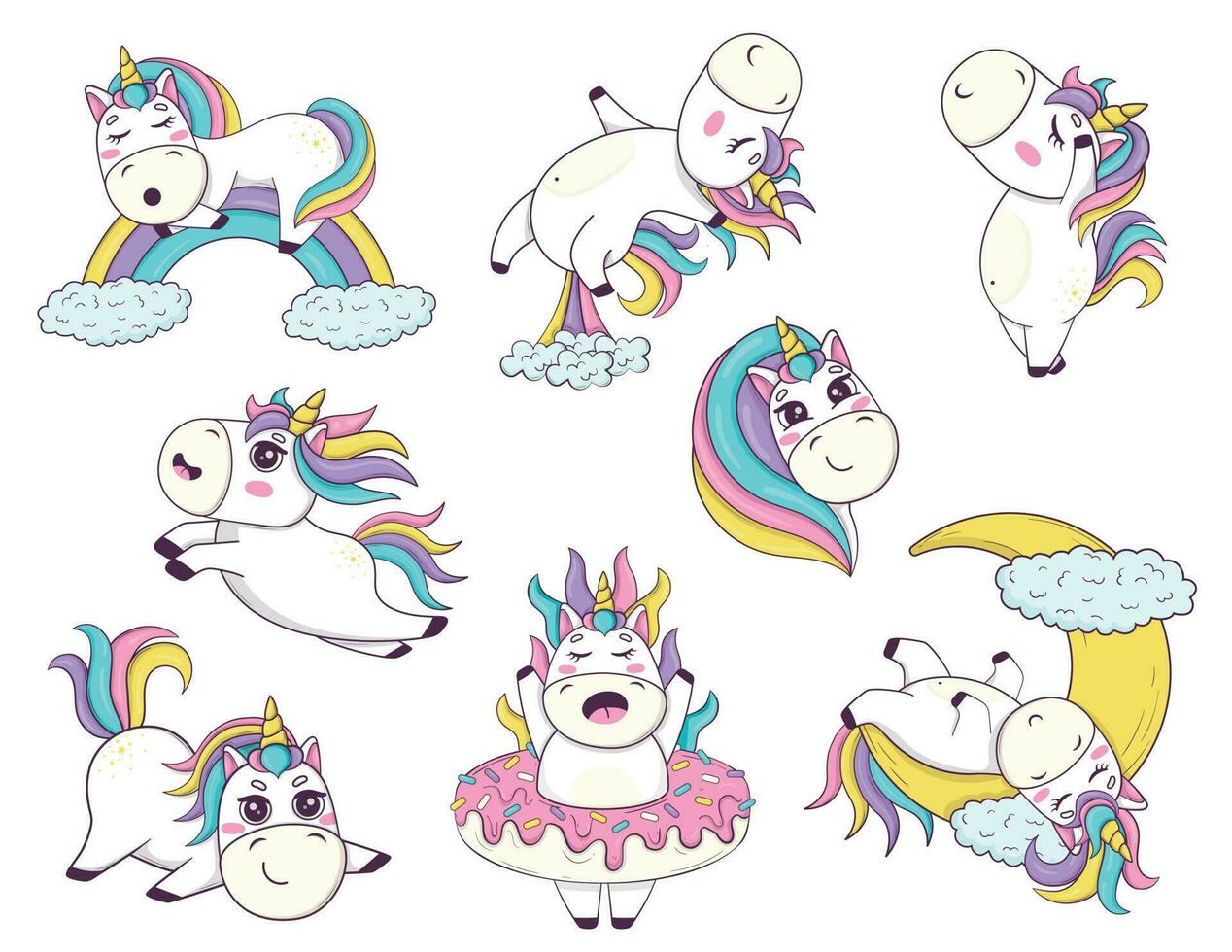 impostato di divertente kawaii unicorni nel anime stile per bambini Prodotto design vettore