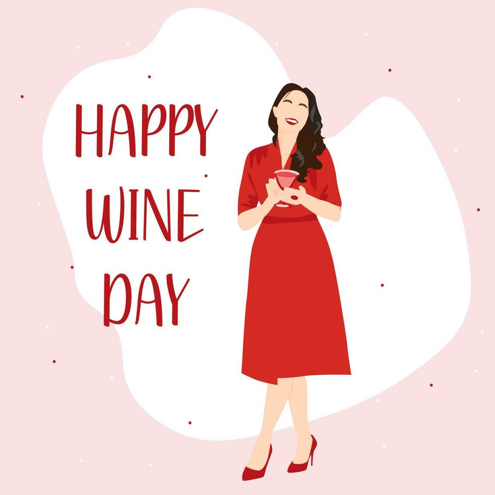 illustrazione per nazionale vino giorno. bellissimo sorridente donna nel rosso con bicchiere di vino. saluto carta per vinificazione attività commerciale, vino negozio. vettore