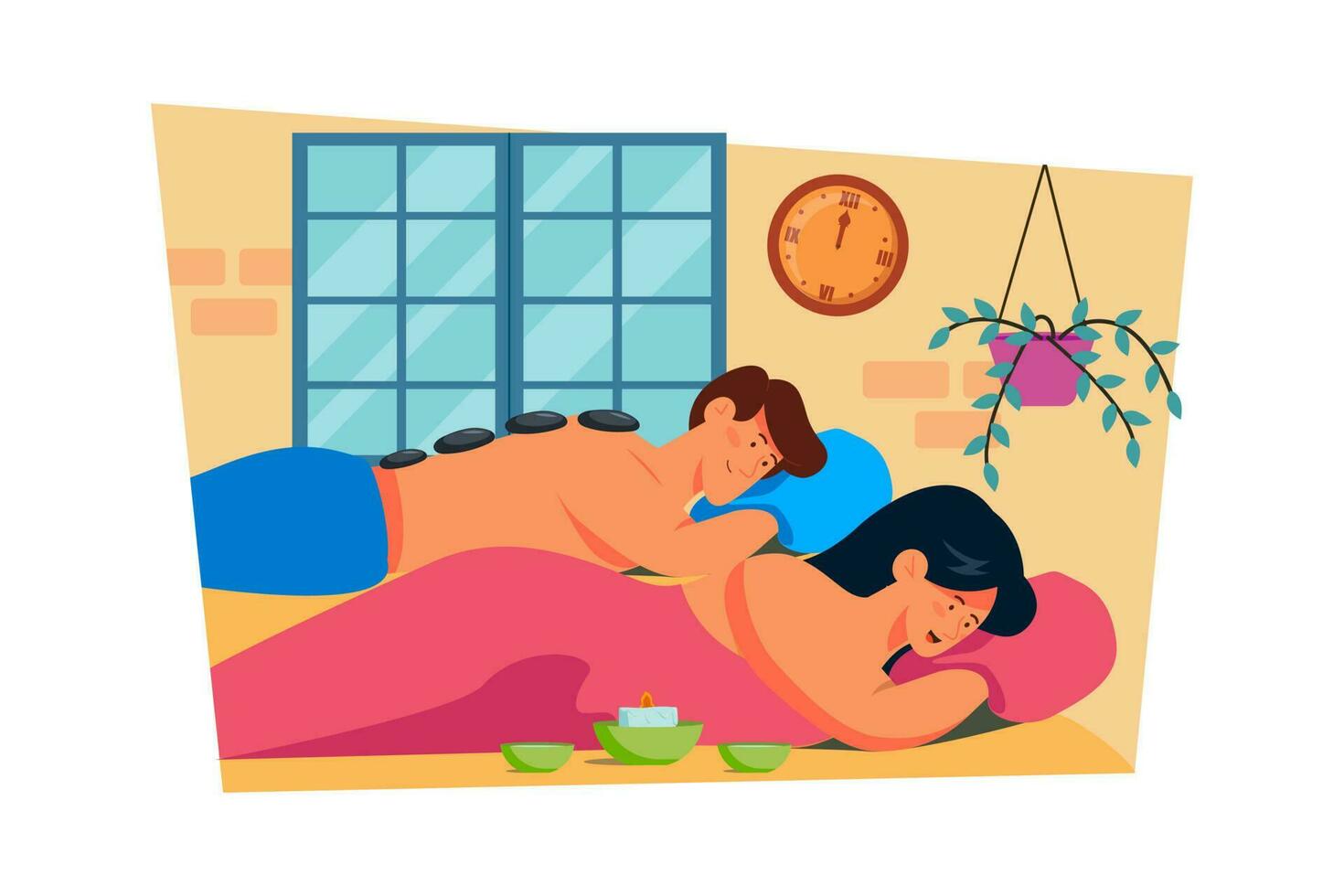 un' coppia spende il giorno coccole loro stessi con terme trattamenti e massaggi. vettore