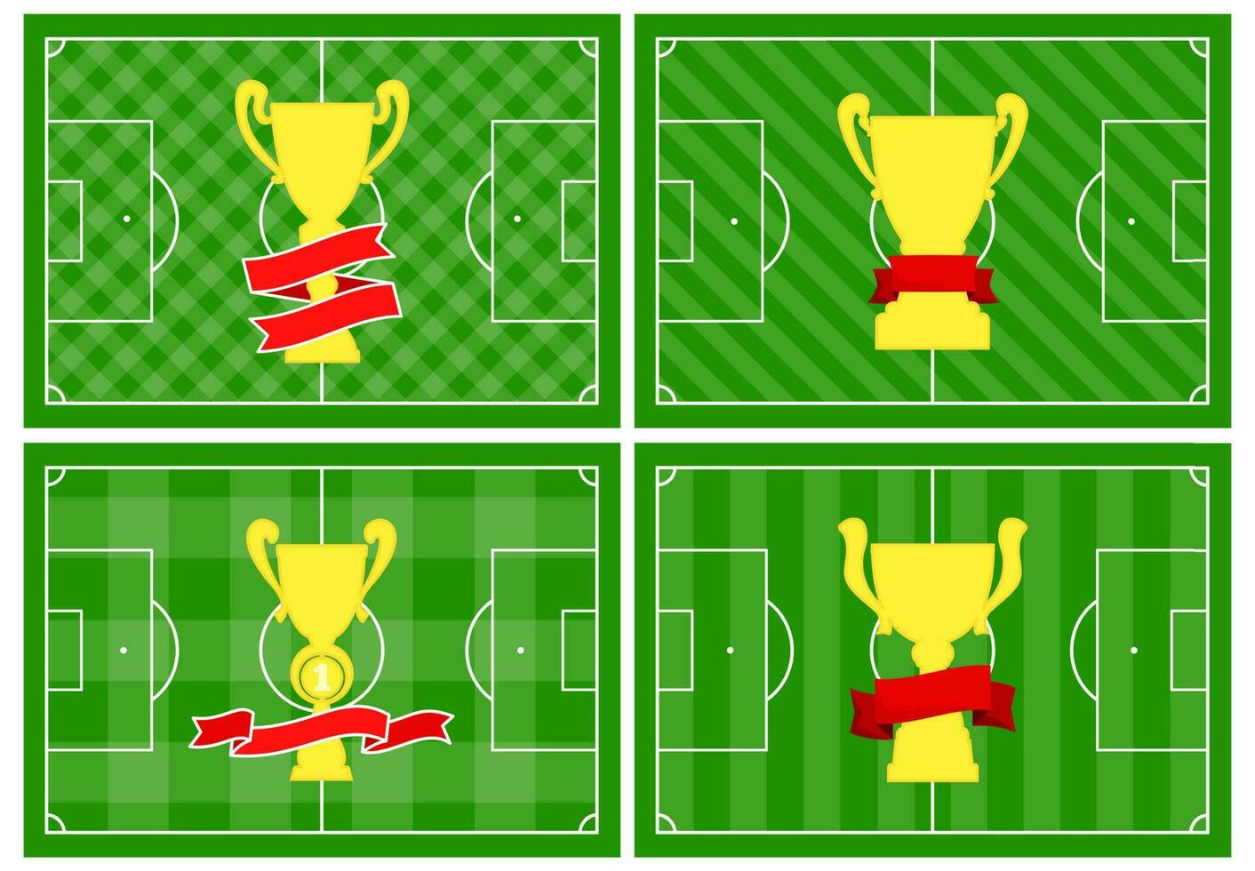 impostato di quattro calcio i campi con diverso d'oro tazza su diverso verde erba ornamenti. calcio campo per giocando. vettore illustrazione