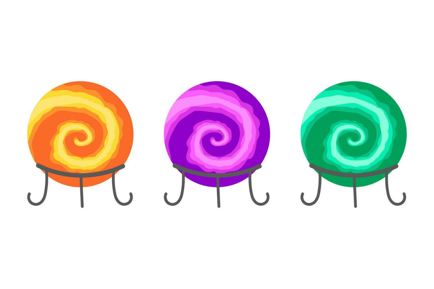 impostato di 3 multicolore vettore palle per divinazione isolato su un' bianca sfondo. bicchiere Magia cristalli - Accessori per il moderno strega. arancia, viola e verde spirale, occulto.