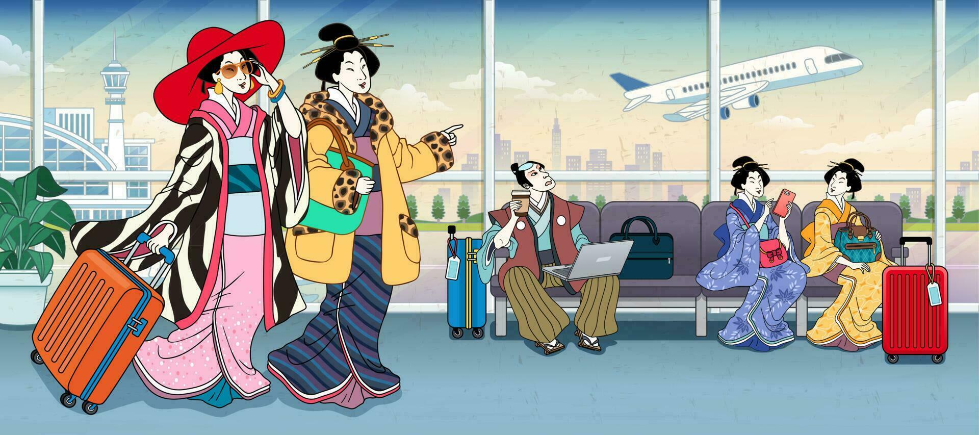 ukiyo-e stile persone nel aeroporto terminale indossare moda chimono cappotto e in attesa per loro volo vettore