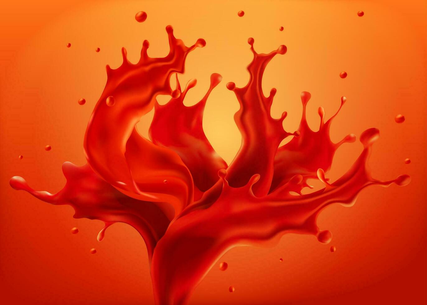 realistico spruzzi di rosso liquido congelato nel aria su arancia sfondo, come elemento per cibo Prodotto o bevanda anno Domini, 3d illustrazione vettore