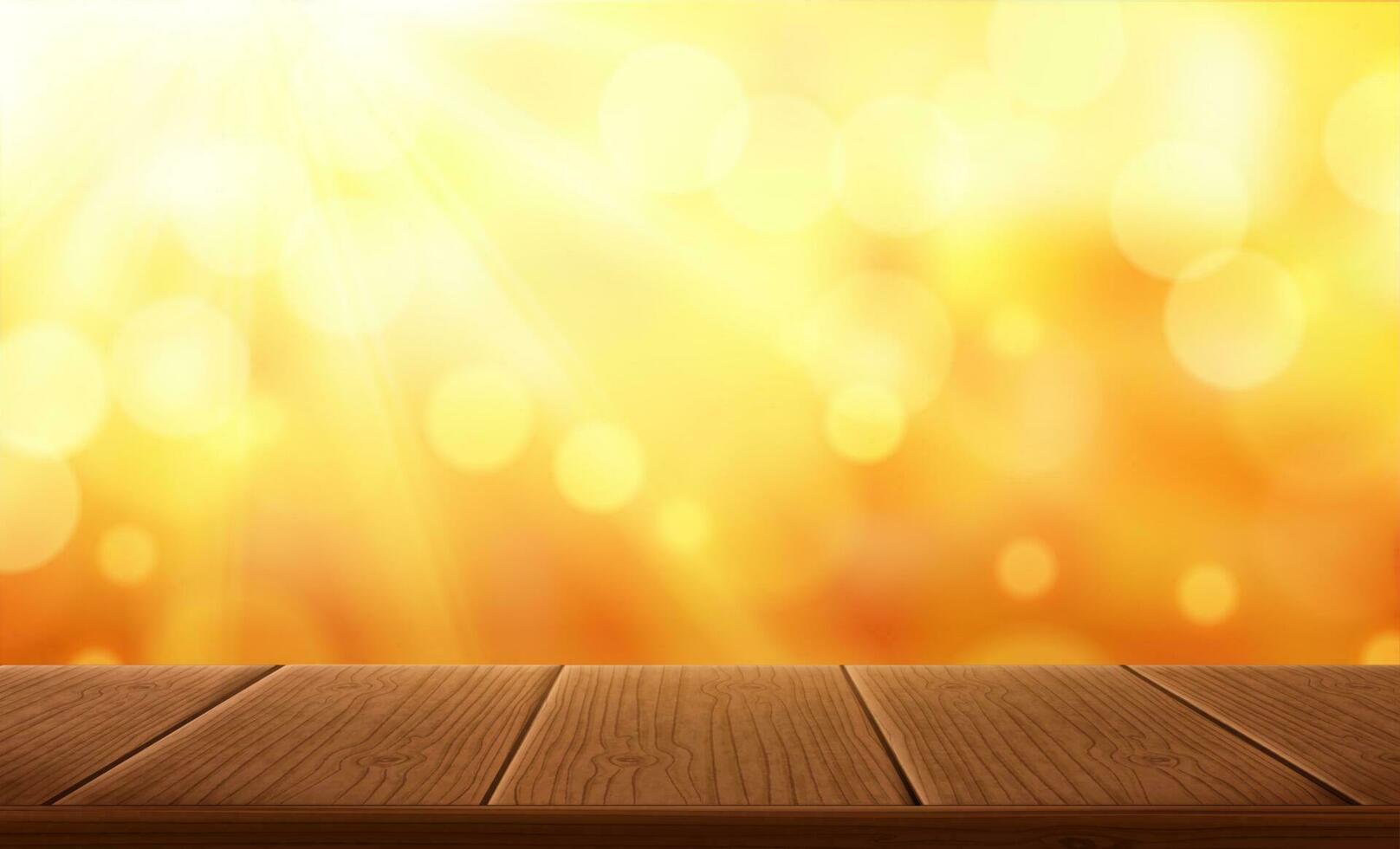 giallo luccicante sfondo con di legno tavolo nel 3d illustrazione vettore
