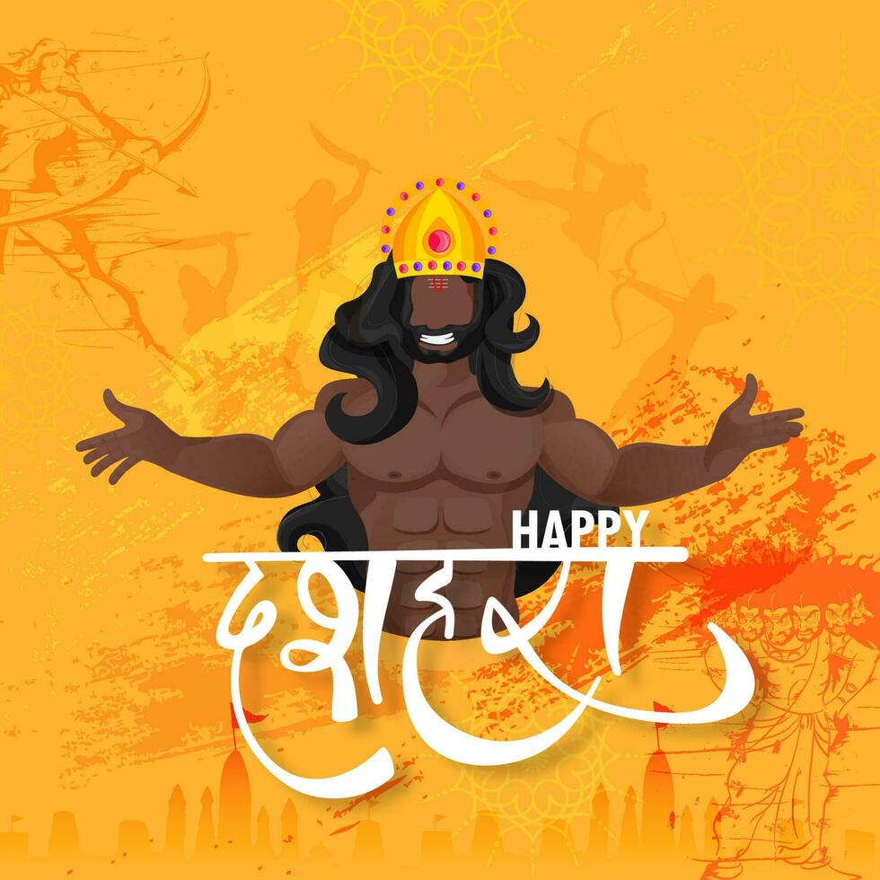 pubblicità indiano Festival contento Dussehra manifesto o bandiera design con illustrazione di demone ravana personaggio su arancia astratto sfondo. vettore