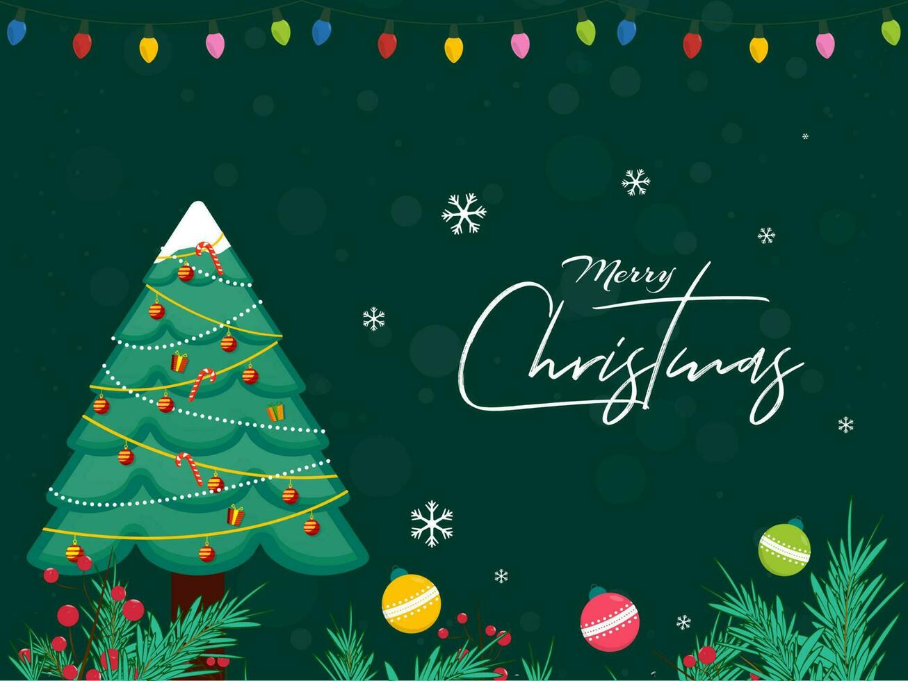 piatto stile saluto carta design con decorativo natale albero, palline, pino foglie, bacca rami e illuminazione ghirlanda su verde sfondo per allegro Natale celebrazione. vettore