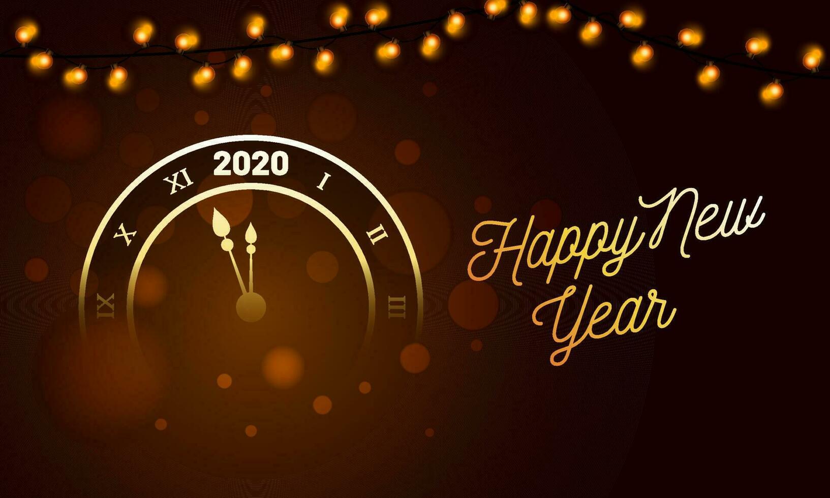 illustrazione di conto alla rovescia Timer con illuminazione ghirlanda decorato su Marrone bokeh sfondo per contento nuovo anno 2020 celebrazione concetto. vettore