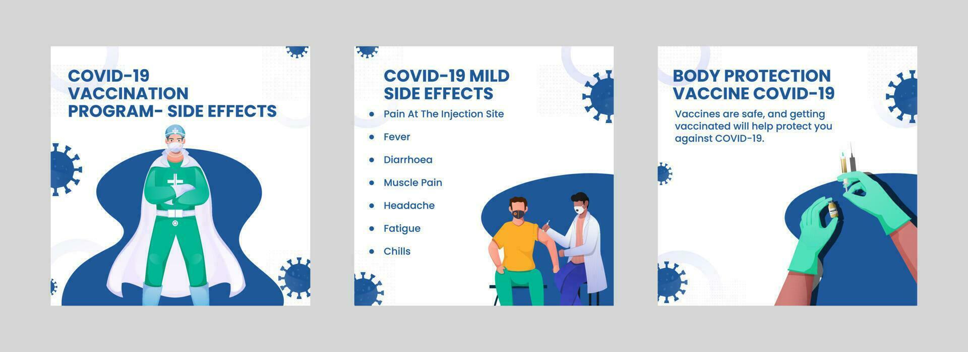 covid-19 vaccinazione programma e corpo lato effetti basato manifesto design nel tre opzioni. vettore