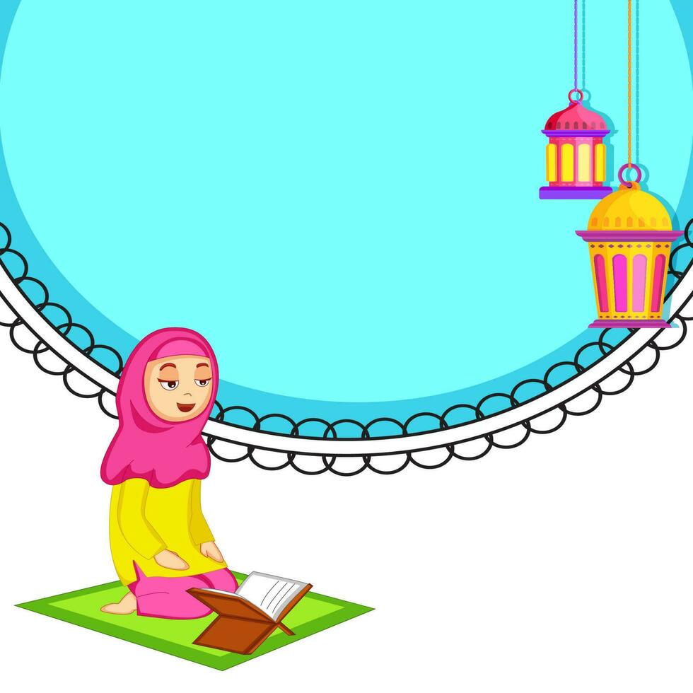 religioso musulmano donna lettura Corano durante santo mese Ramadan kareem, creativo sfondo con sospeso tradizionale lampade per islamico festival concetto. vettore