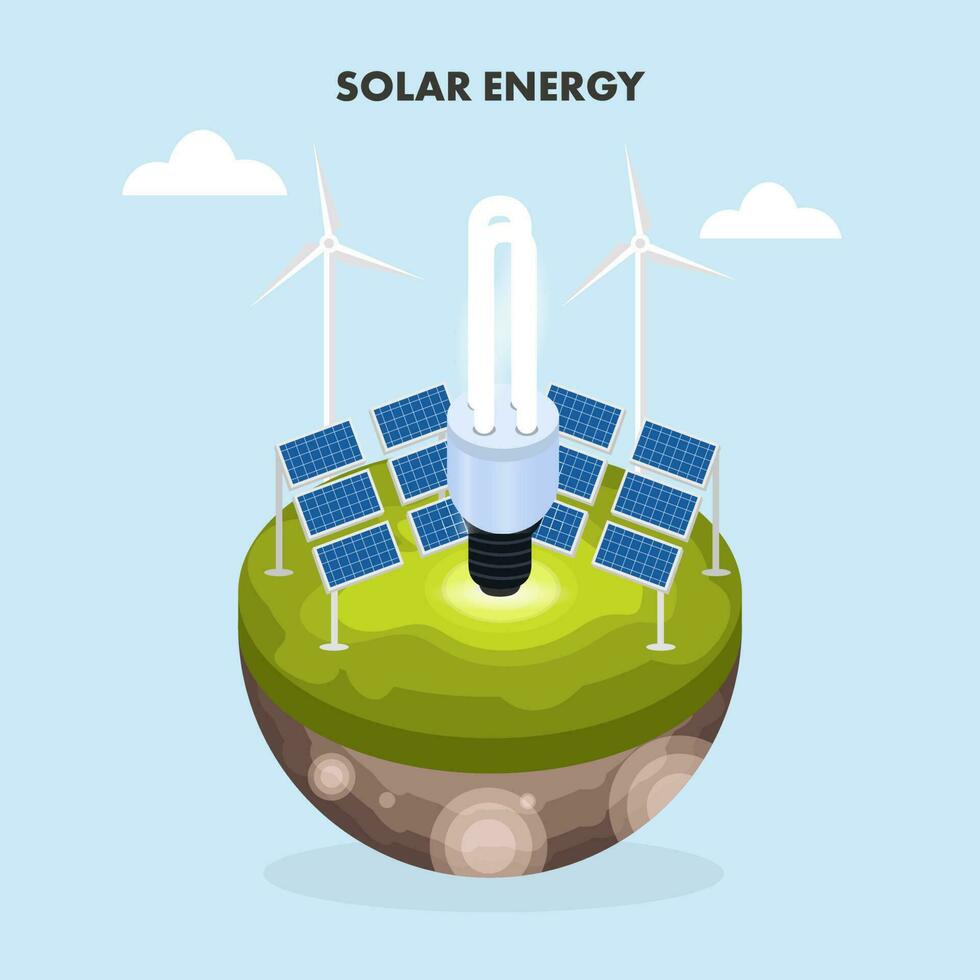 3d interpretazione cfl lampadina con solare pannelli e mulini a vento al di sopra di metà globo per terra rinnovabile energia concetto. vettore