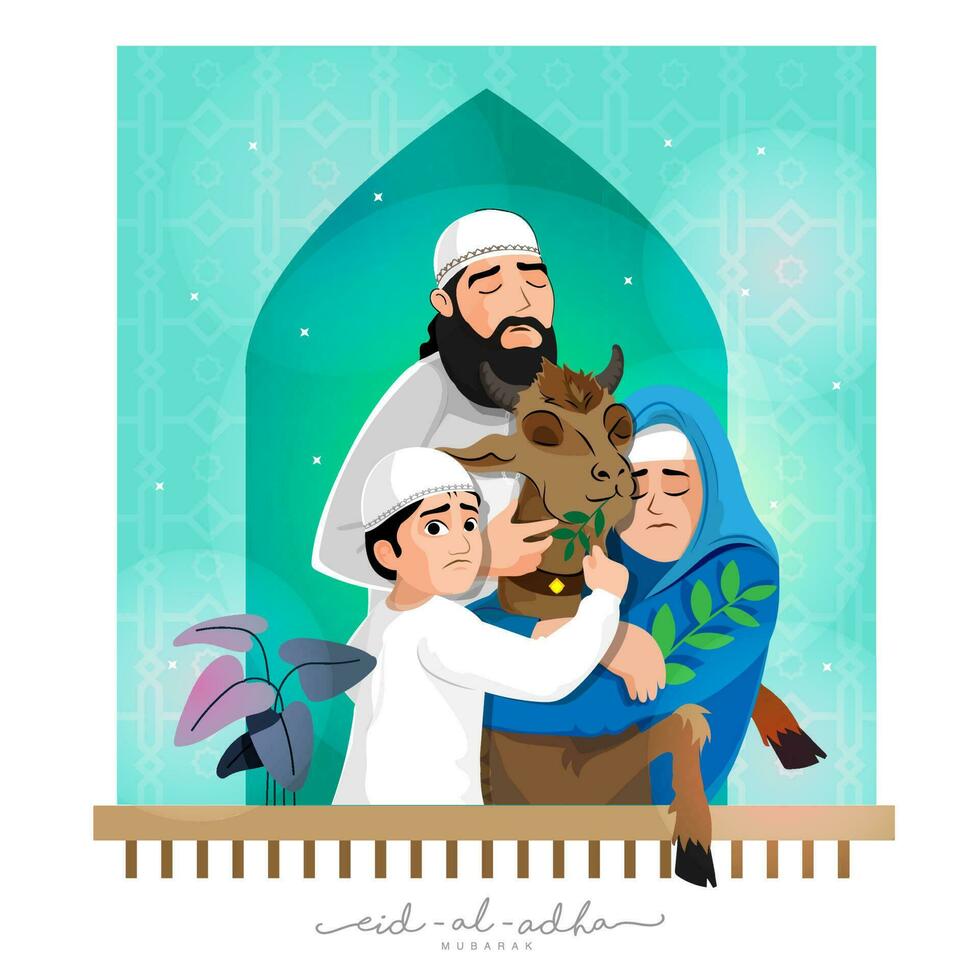 Eid-al-Adha mubarak concetto con musulmano famiglia Tenere capra su cielo blu e bianca sfondo. vettore