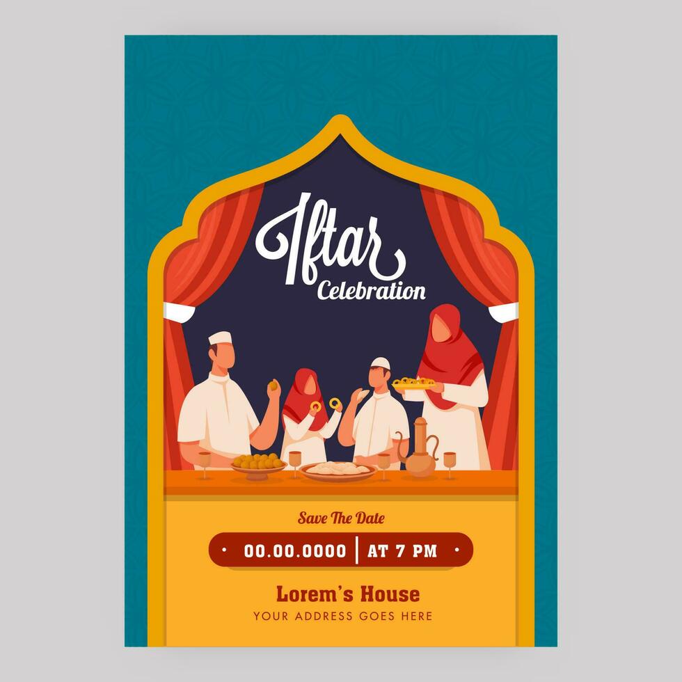 iftar celebrazione invito carta o aviatore design con musulmano famiglia godendo Alimenti e evento particolari. vettore